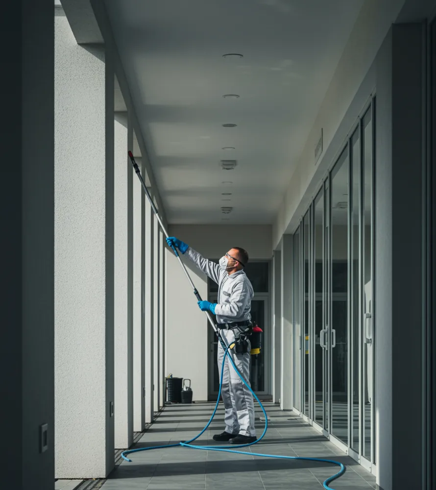 imagen13 "Técnico de limpieza profesional blanco realizando mantenimiento exterior en un edificio moderno con equipo avanzado, destacando seguridad, eficiencia y cuidado meticuloso en un entorno luminoso."