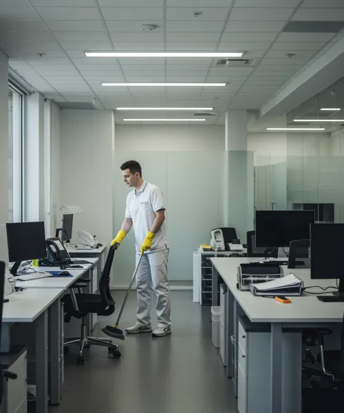 imagen14 "Oficina moderna y ordenada siendo limpiada por un profesional en uniforme, destacando superficies pulidas y un ambiente luminoso que refleja servicios de limpieza de alta calidad."