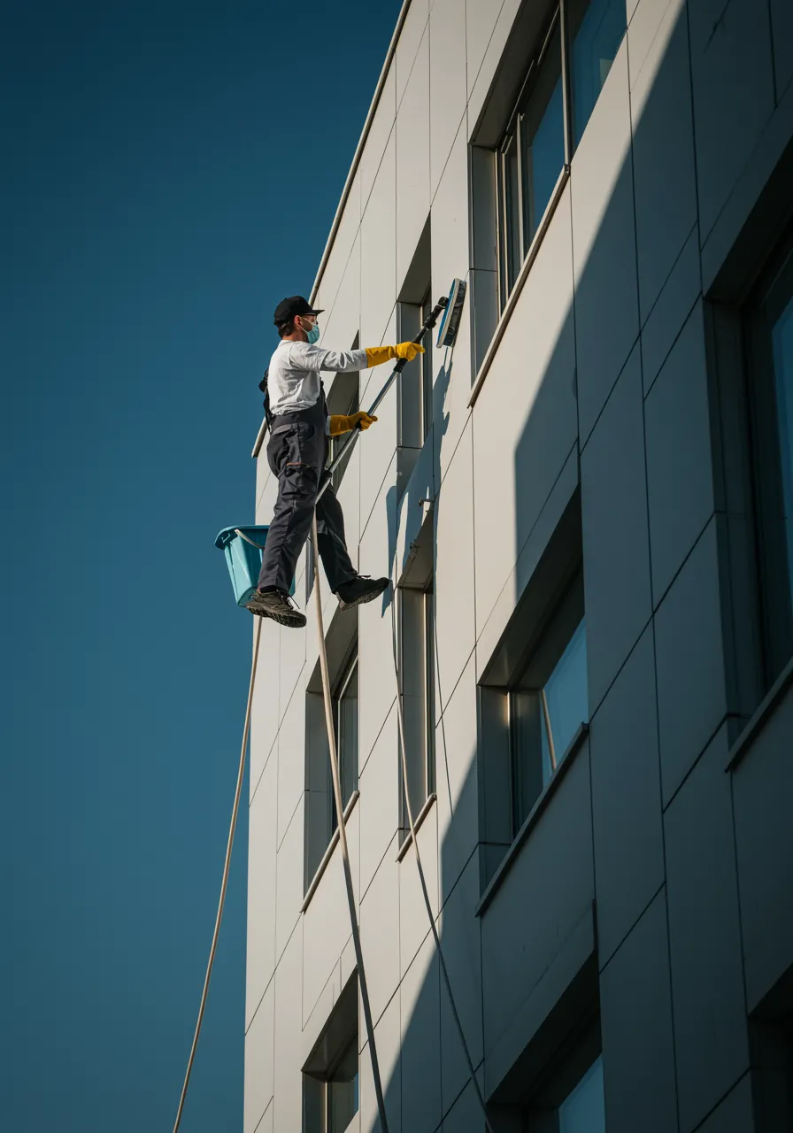 imagen15 "Limpiador profesional en un edificio moderno y bien mantenido, utilizando equipo especializado para limpiar ventanas y fachada en un día soleado, transmitiendo confianza y servicios de limpieza de edificios expertos."