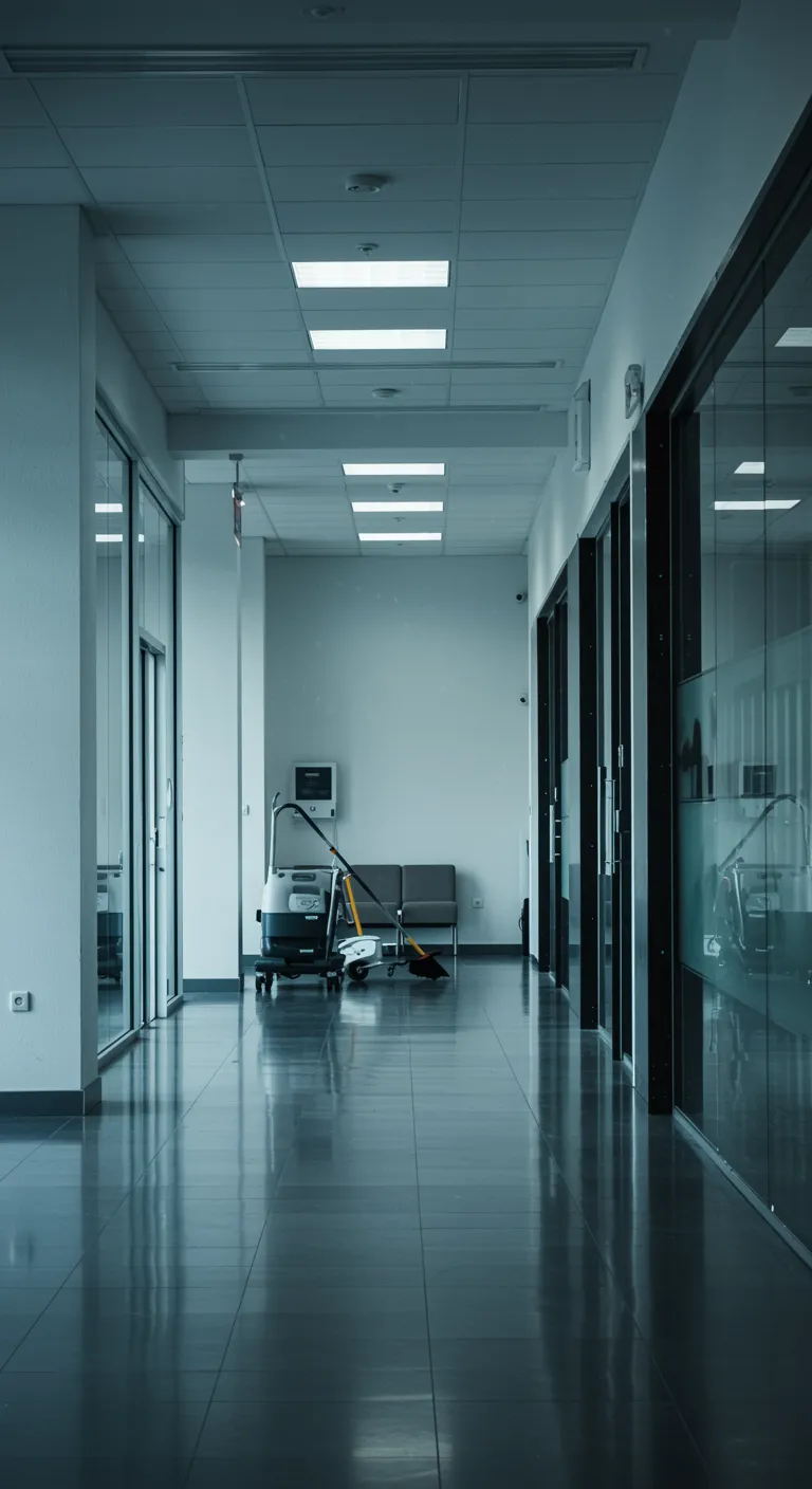 imagen17 "Interior moderno y elegante de un gran edificio comercial con superficies impecables y equipo de limpieza sutilmente integrado, destacando servicios de mantenimiento de instalaciones."