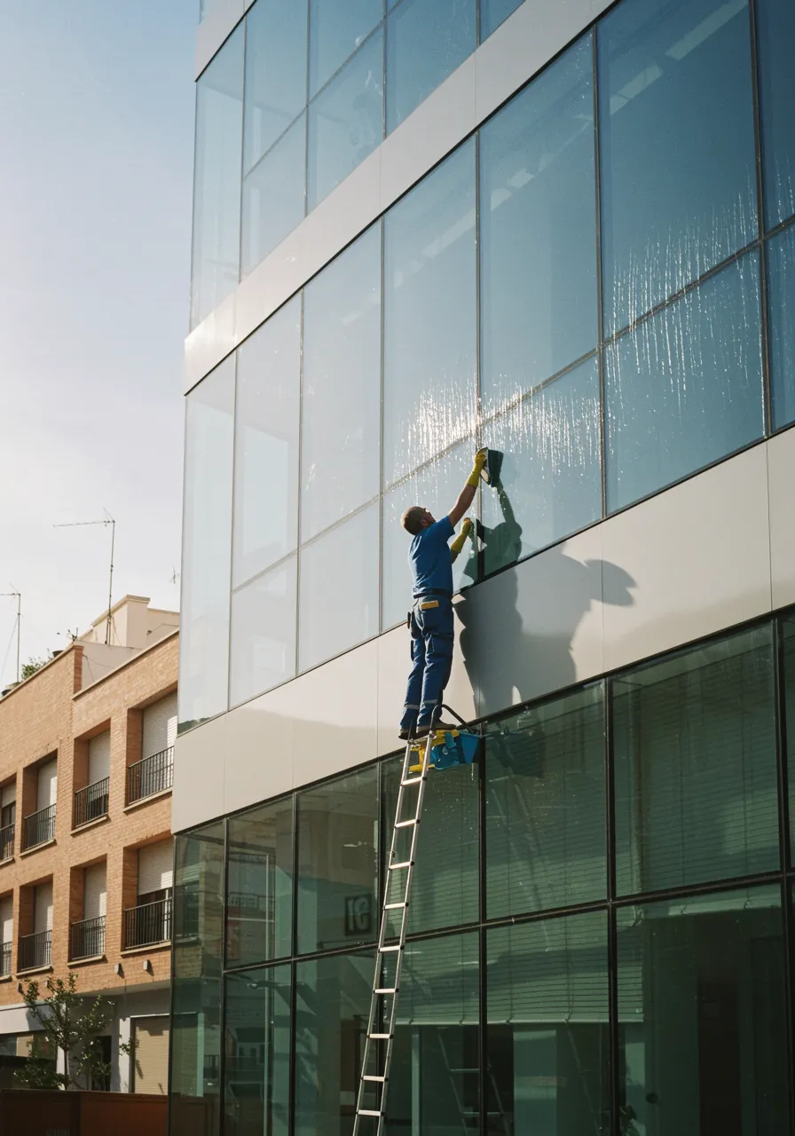 imagen21 "Técnico de limpieza profesional en uniforme azul limpiando ventanas de vidrio en un moderno edificio en una soleada calle española, destacando la calidad del servicio de limpieza de cristales."