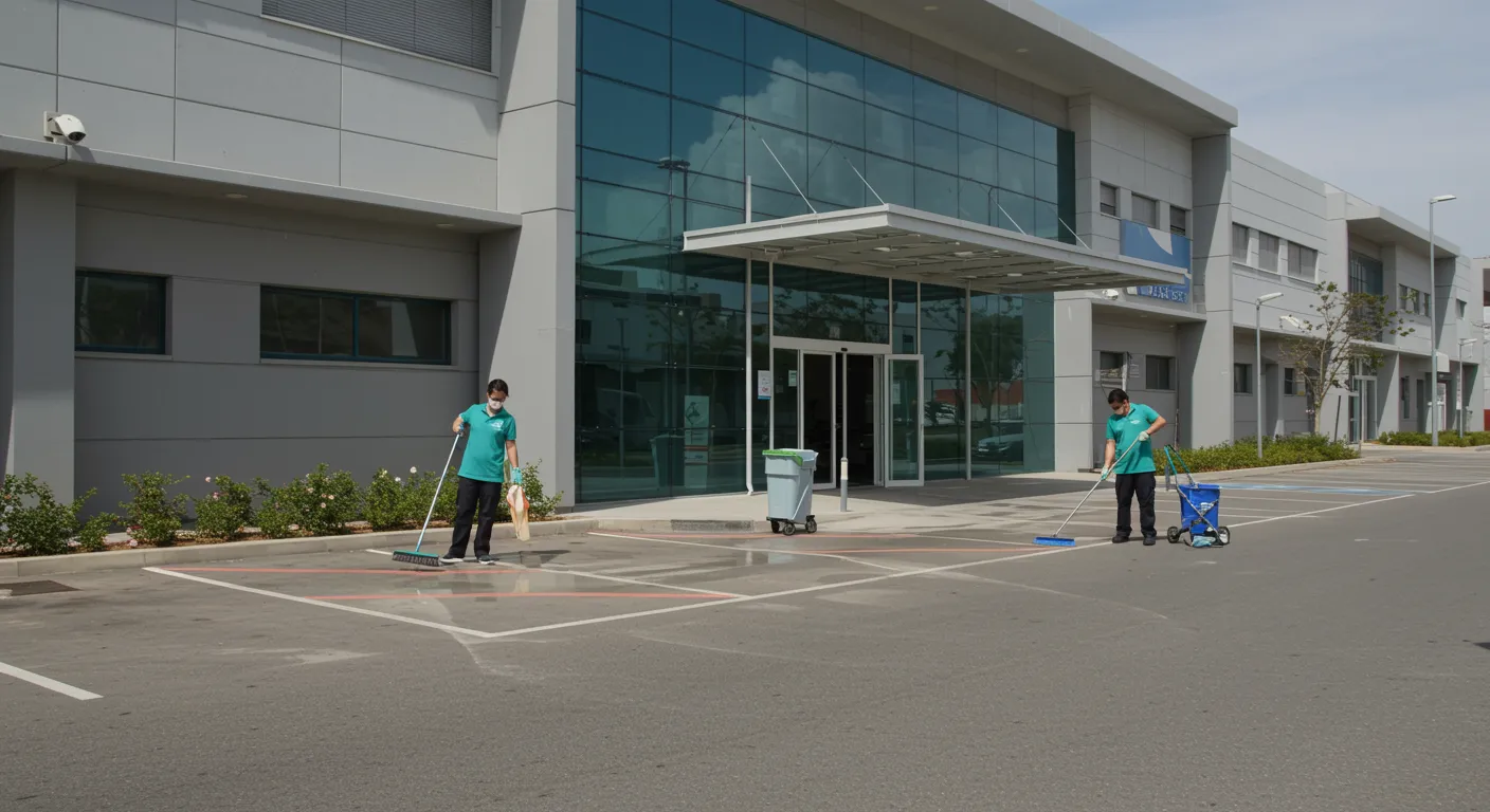 imagen26 "Imagen de un moderno edificio comercial en Jaén, con un estacionamiento impecable y profesionales de limpieza en acción, reflejando dedicación a la calidad y mantenimiento."